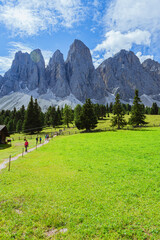 Fototapeta na wymiar The Odle mountain group, Inside the Italian Dolomites, seen from Val di Funes, during a sunny day - August 2021.