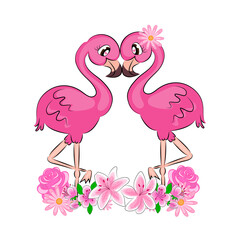flamingos Valentines Day A pair of cute lovers pink flamingos with cute eyes with eyelashes with flowers beautiful card Valentines Day print on textiles on a t-shirt on packaging Vector illustration