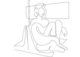 In public transport a teenager sits on the seat with his feet up. cool relax a person in society