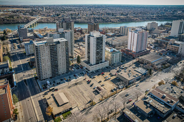 Fototapeta na wymiar Aerial Drone View of the city of Saskatoon in Saskatchewan, Canada