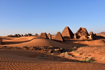 Pyramids of Meroe in Sudan in beautiful evening light. 