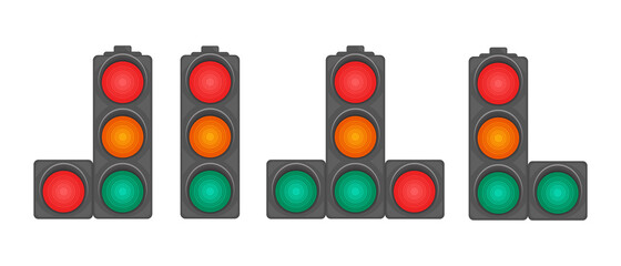 A set of four traffic lights with different arrangement of sections. Traffic light. An illustration depicting a traffic light with round red, yellow and green lights. A device for regulating traffic