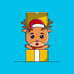 Cute christmas reindeer wearing christmas hat and scarf out of the gift box