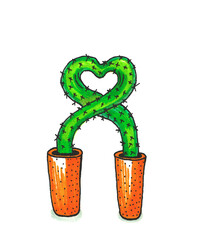 Hand-drawn sketch. Two cacti have fused into one in the shape of  heart.  Isolated on white background.