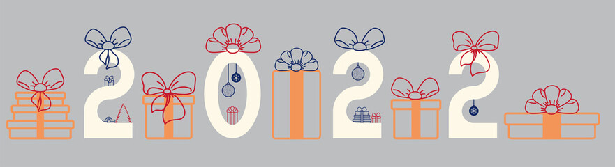Christmas banner with numbers of year 2022. Gifts, bows and inscription in flat style. Vector.