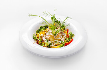 Salad soft camembert cheese with a white crust, red bell pepper, bean sprouts, sprouted kernels, seeds and nuts, white sauce dressing. Healthy food, food for health, diet food serving