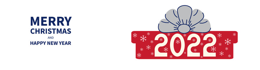 Christmas banner with numbers of year 2022. Gifts, bows and inscription in flat style. Vector.