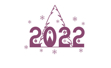 Christmas poster with numbers of the year 2022. Christmas tree, gifts and balls in flat style. Vector illustration