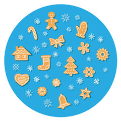 Brown homemade Christmas gingerbread cookies with light cream pattern and light cream snowflakes in the bright light blue round vector illustration 