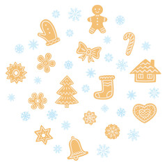 Brown homemade Christmas gingerbread cookies with light cream pattern and light blue snowflakes Gingerbread Christmas cookies arranged in a circle vector illustration
