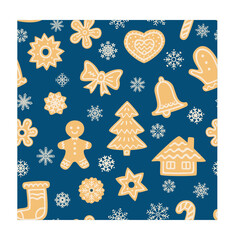Brown homemade Christmas gingerbread cookies with light cream pattern and light cream snowflakes vector seamless pattern