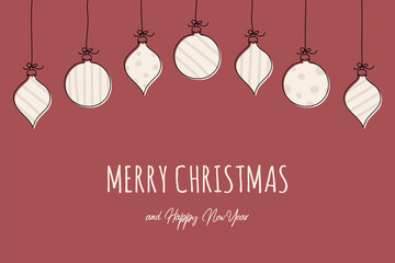 Christmas card with hand drawn baubles and wishes. Vector