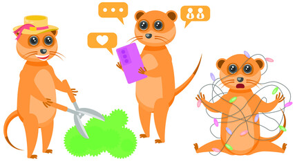 Set Abstract Collection Flat Cartoon 
Different Animal Meerkats Gardener Trims The Bushes, With Smartphone In The Social Network, Tangled In A Garland Vector Design Style Elements Fauna Wildlife