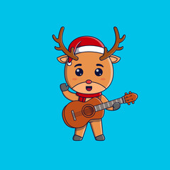 Cute christmas reindeer wearing christmas hat and scarf playing guitar