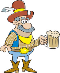 Cartoon illustration of a cowboy with a large mustache holding a mug of beer.