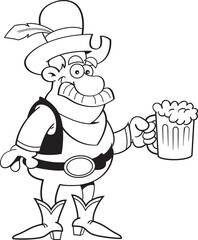 Black and white illustration of a cowboy with a large mustache holding a mug of beer.