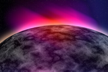 partial month. illustration of dim moon surface with purple glow effect on dark sky background.
