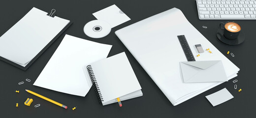 Mockup of A4 sheets, notepad, newspaper, envelope, business card and CD disk on a black leather background with a cup of coffee. For presentations and portfolios of graphic designers. 3D render