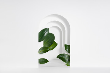 Spring stage mockup for presentation cosmetic product, goods, design, advertising with  white arches, green tropical leaves in sun light with shadow in soft light elegant gentle fresh minimal style.