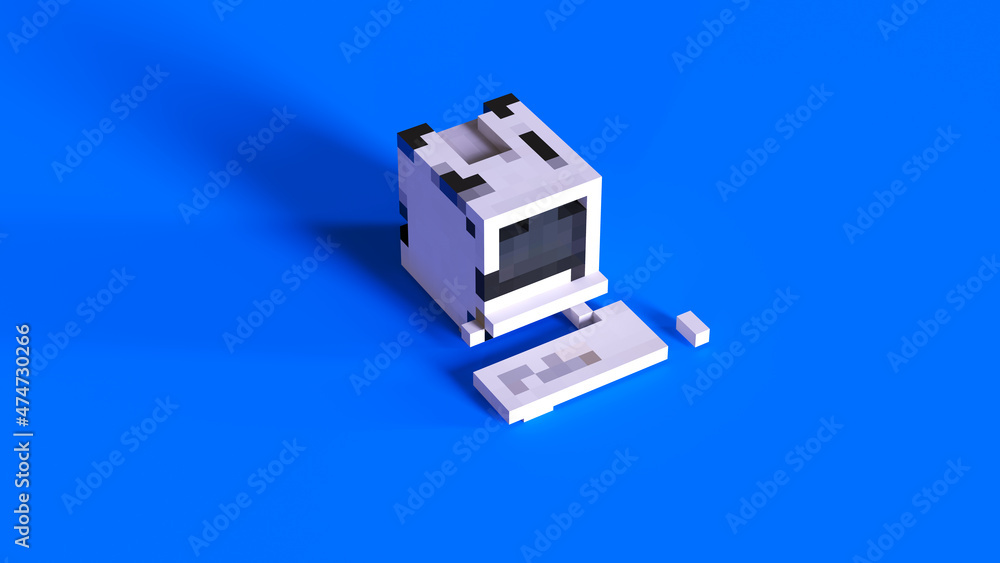 Poster blue computer made out of square blocks voxels cube boxes technology equipment 3d illustration rende