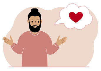 Happy man thinks about love. In the balloon of thought is a red heart. Vector