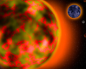sun and planet. sun ball with fiery red fire. 3d illustration of solar storm and global warming. earth problem, space planet