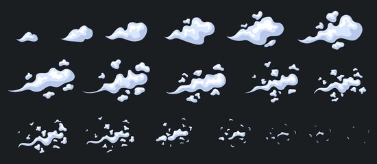 Exhaust animation. Animate smoke cloud, cartoon dust 2d animated effect for game, frame sprite sheet motion steam, emission gas storyboard fast movement smog neat vector illustration