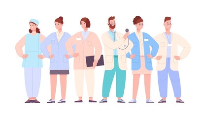 Medical team characters. Hospital staff, doctor nurse health care workers, group healthcare employees, professional education physician, intern career, splendid vector illustration