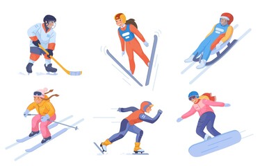Fototapeta premium Winter sport for little child. Cartoon kid snow sports, skiing ice skating rank snowboarding sledding hockey, funny skier, children activities, cartoon swanky vector illustration