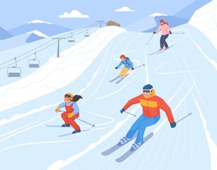 Obraz na płótnie Canvas Family at ski resort. Snowboarder on snow slope, winter skiing mountain elevator, kid skier on alpine lift, holiday vacation alps, travel activity sport, swanky vector illustration