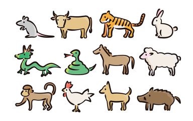 Japanese Zodiac illust Vector Set (Hand-drawn line, colored version)	
