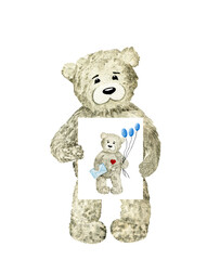 Watercolor cute teddy bear with a gift isolated on white background. Teddy bear holding self-portrat.