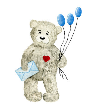 Watercolor cute fluffy teddy bear with gift. Cute bear with blue envelope and balloons.