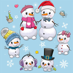 Cute Cartoon Snowmen on a blue background