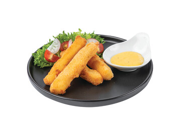 Crispy cheese sticks deep-fried .in a black dish on a white background