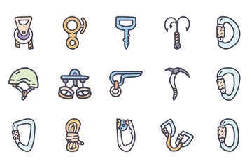 Climbing equipment color vector doodle simple icon set