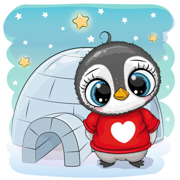 Cartoon Penguin stands near the igloo