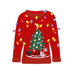 Ugly Christmas party sweater with funny cat print.