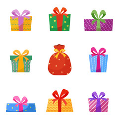 Set of colorful gift boxes. Presents for Christmas and New Year, and Birthday and other holidays. Vector flat illustration in cartoon style