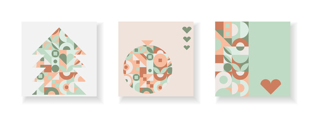 Set of new year cards in ultra modern scandinavian style, flat multicolored vector illustration. Geometric shapes for Christmas patterns - trees, balls, hearts and flowers.