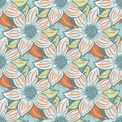 Fototapeta na wymiar Tropical six petal flower vector seamless pattern. Blue, orange background with hand drawn flowers and leaves. Overlapping jungle floral motifs. Repeat for summer, vacation, Botanical all over print.
