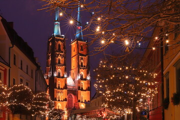 Katedra Wrocław, wierze, noc, lampki, święta, ulica, Boże Narodzenie - obrazy, fototapety, plakaty
