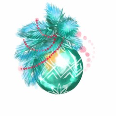 watercolor balls, Christmas toys, illustrations for Christmas cards, social media design, print illustrations, green christmas balls.