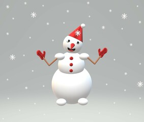 Snowman and white snowflakes on a gray background. 3D Render
