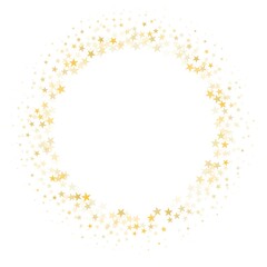 Gold stars round frame background. Christmas golden round frame, circle wreath, greeting card round pattern. Holidays backdrop. Vector illustration