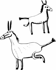 Two funny donkey. Hand drawn cartoon illustration.