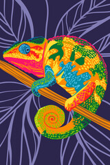 Colorful chameleon portrait in pop art style. Abstract, hand-drawn, multi-colored portrait of chameleon . For fabric, textile, clothing, wrapping paper, wallpaper, stickers, poster t-shirt design. 