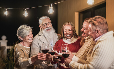 Happy senior people cheering with red wine at christmas dinner