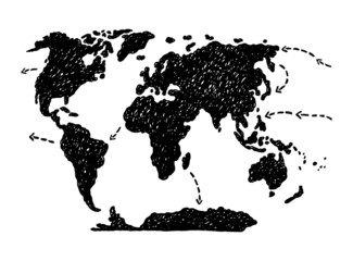 World map with arrows in hand drawn doodle style, black and white vector illustration.