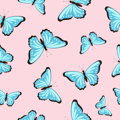 Fototapeta na wymiar Blue butterflies on pink background vector seamless pattern